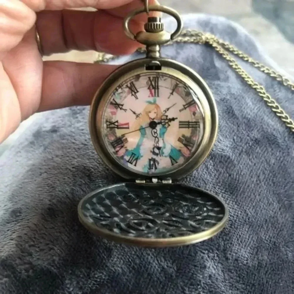 Alice in Wonderland Anime Style Face Bronze Pocket Watch and Chain NWT